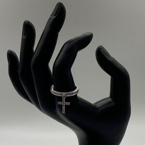 Silver-tone Rhinestone Cross Pendant Ring